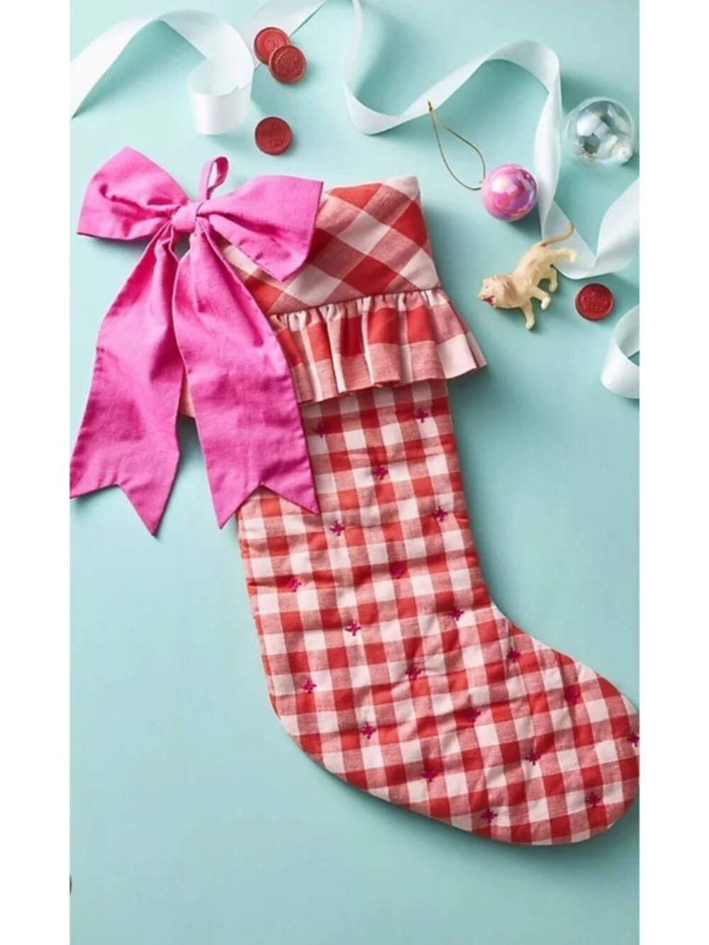 Anthropologie Gingham Bow Stocking Red Holiday Christmas NWT